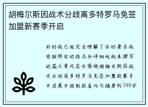 胡梅尔斯因战术分歧离多特罗马免签加盟新赛季开启
